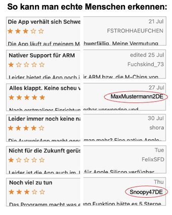 Beispiel-Bewertungen mit auffälligen Nutzernamen, darunter MaxMustermann2DE und Snoopy47DE