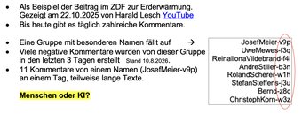 Beispiel-Kommentare unter einem ZDF-Video mit auffälligen Nutzernamen wie JosefMeier-v9p