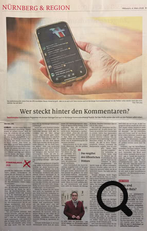 Vorschaubild des Zeitungsartikels der Nürnberger Nachrichten über Desinformation durch Bots