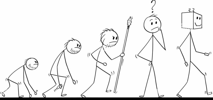 Cartoon: schrittweise Entwicklung vom Menschen zum Roboter